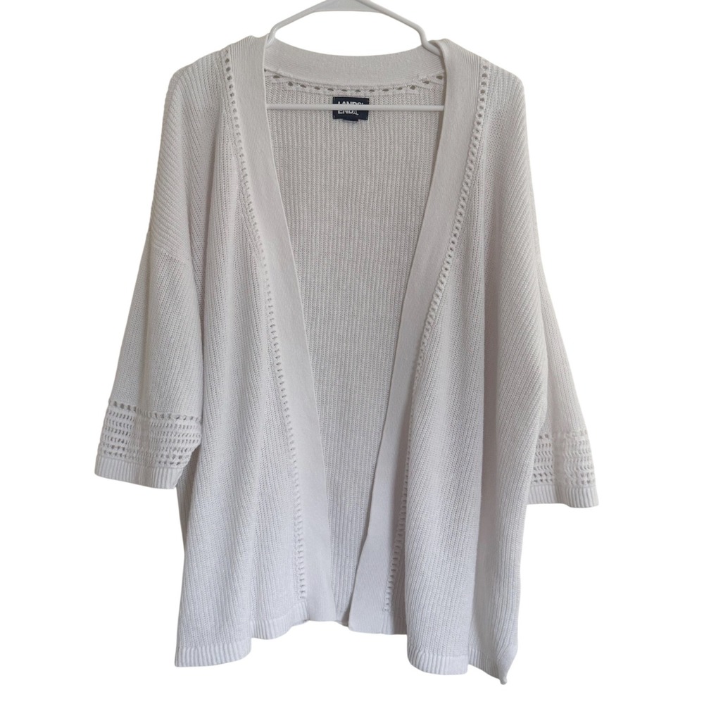 Lands' End Women's Plus White 3/4 Sleeve Linen Cotton Cardigan Knit Pointelle